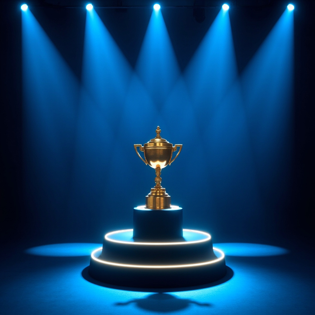 Mega contest arena with gold cup trophy on pedestal.
