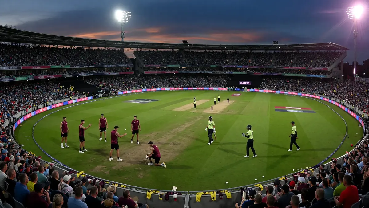 Wide evening view of Kennington Oval with crowd and floodlights ahead of a Hundred men's match.