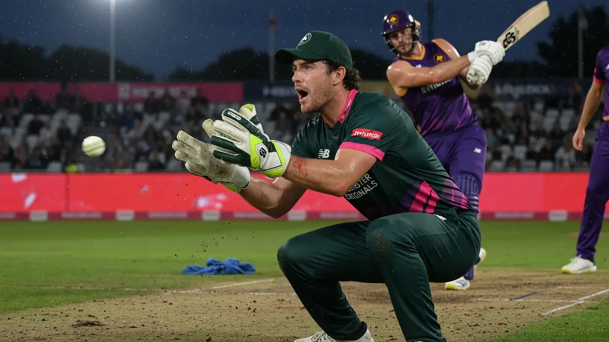 Batter driving through the off side during a floodlit white-ball innings, follow-through held high.