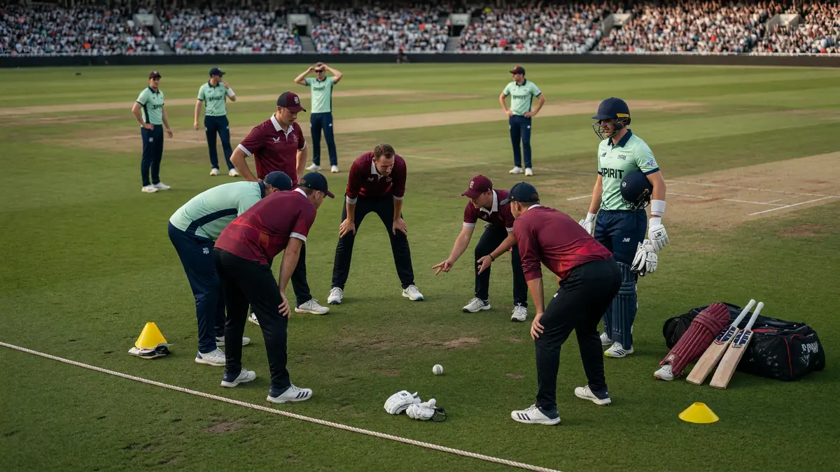 Fielders set in the ring during a white-ball over, bowler at the top of the mark under stadium lights.