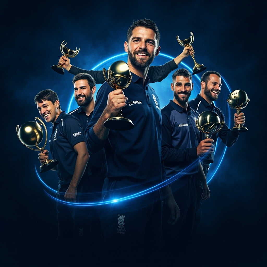 Championship winners circle with 5 top-tier players holding gold trophies.